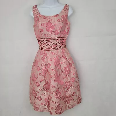 Vintage Handmade MEDIUM? Dress PINK Rose Brocade Fit Flare Party Sequins 50s 60s • $74.99