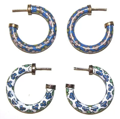 Vintage Chinese Cloisonne Enamel Earrings Hoops Pierced SET 2 Blue Pink White • $36