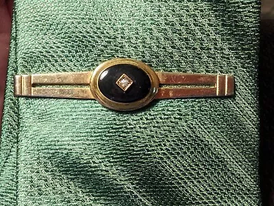 Vintage Rhinestone In Black Oval Tie Clip Gold Color 2 Bars • $14.77