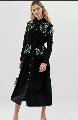 $39.95 • Buy ASOS Black Cotton Linen Blend Floral Embroidered Long Sleeve Dress Size 16