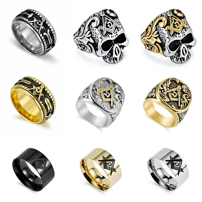 Mens Vintage Stainless Steel Freemason Ring Skull Head Masonic Jewelry Size 7-12 • $3.13