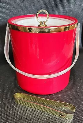 Vintage Shelton Ware Ice Bucket With Tongs - Red Vinyl - Lucite Handle • $34.99