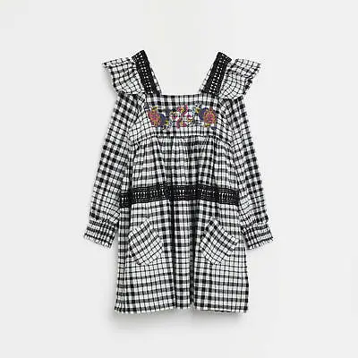 £11 • Buy River Island Girls Shirt Dress Black Check Pattern Square Neck Long Sleeve Top