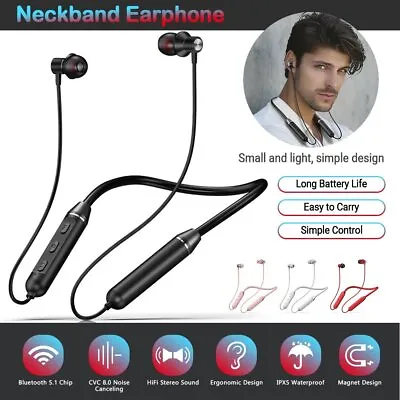 Bluetooth 5.1 Wireless Neckband Headphones Earphones With Mic Sports Gym Headset • £11.99