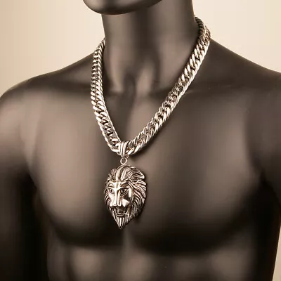 Big Lion Head Pendant Mens Heavy Necklace Stainless Steel Cuban Miami Link Chain • $19.99