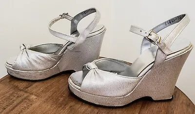 Vtg 70s Silver Open Toe Wedge Sandals Ankle Strap Platform Shoes Disco Sz 5B • $67.44