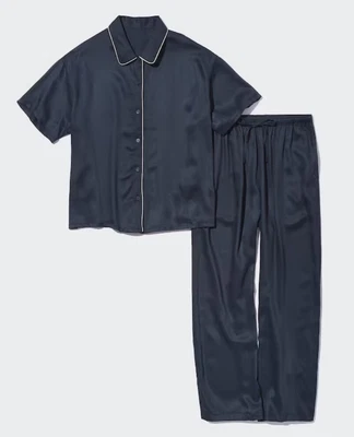 $12 • Buy Uniqlo Navy Satin Pyjamas Short Sleeve Women's Pants And Top Size M