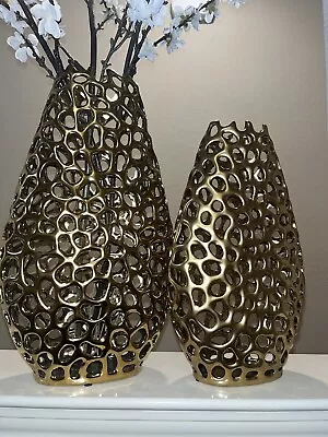 2-nwt Three Hands Gold Cut Out Decorative Metal Vases • $135