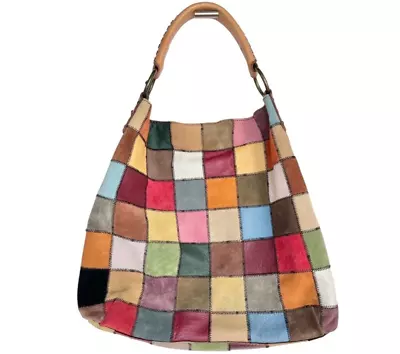 Lucky Brand Boho Multi Colored Patchwork Suede Leather Hobo Shoulder Bag Purse • $45