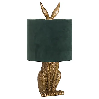 Sitting Hare Rabbit Ears Table Lamp Green Velvet Shade Antique Gold 50cm OnTrend • £79.99