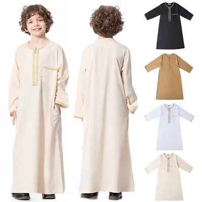 Kids Boys Islamic Muslim Abaya Kaftan Thobe Saudi Arabia Long Sleeve Jabbah Robe • £12.34