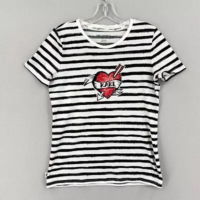 Karl Lagerfeld Tattoo Heart Tee Shirt Size Small White Black Stripe Short Sleeve • $19.99