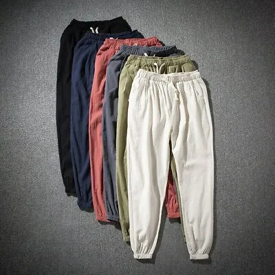Men Cotton Linen Trousers Baggy Pants Harem Style Elastic Waist Loose Casual UK • £18.99