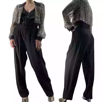 Vintage 80s Jumpsuit Buckle Belted Animal Print Chiffon Layered Black Womens L • $58