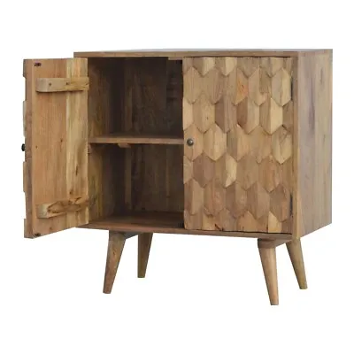 Small Sideboard Drinks Cabinet Light Mango Wood Swoon Geo 3D Carved Mid Century • £339