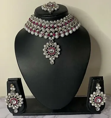 £8.98 • Buy Elegant Indian Asain Silver Pink Necklace Tikka Earrings Jewellery Set Wedding