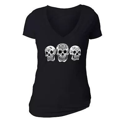 Womens 3 White Skulls Sugar Skull Day Dead Dia De Muertos Mexican V-Neck T-Shirt • $19.49