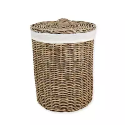 Grey & Buff Round Rattan Wicker Laundry Basket Lined Washing Hamper Linen Bin • £65