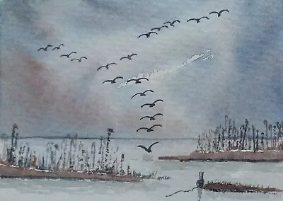 ACEO Original Watercolour Painting. Geese In Flight Over The Marsh. Norfolk.  • £0.99