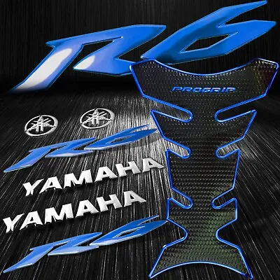 Blue Pro Fuel Tank Pad+YZF-R6/R6S Emblem Sticker+6  Silver Logo&Letter Grip Kit • $34.88