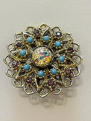 Vintage West Germany FOIL FAUX OPAL CABOCHON-Turquoise/Amethyst Gold Tone Brooch • $25