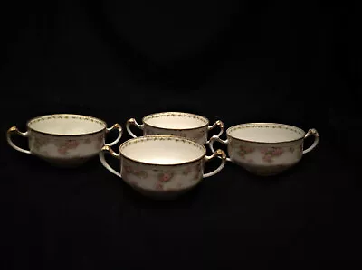 A Lanternier & Cie Limoges France Bouillion Bowls Pink Roses - Set Four Antique • $42.99