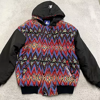 Vintage Starter Jacket Mens Large Aztec Geometric Coloful Full Zip Hoodie Puffer • $48.88