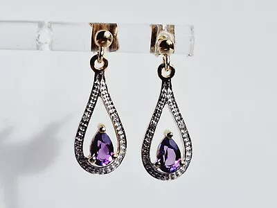 Vintage Amethyst & Diamond Drop Earrings - Stud Fixing - 9ct Yellow Gold • $155.42