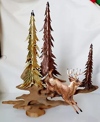 Vtg 3D JERE Style MCM Wood Brass Copper Metal DEER TREES WALL ART Hanging 15x15” • $35