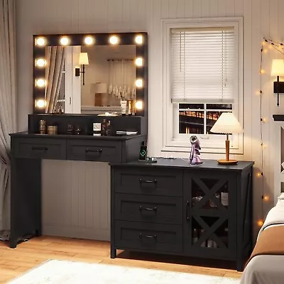 5 Drawers Vanity Desk With Glass Top & Charging Station Farmhouse Makeup Desk • $269.89