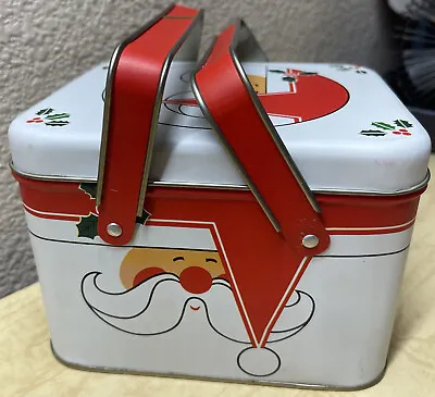 Small Retro Santa Tin Box Christmas Picnic Basket W/ Movable Handles & Lid • $9.95