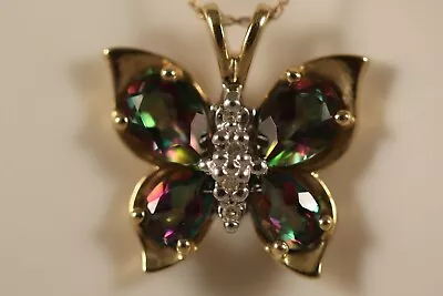 10k Yellow Gold Mystic Topaz Diamond Butterfly Lavalier Necklace Pendant 18mm  • $199.99