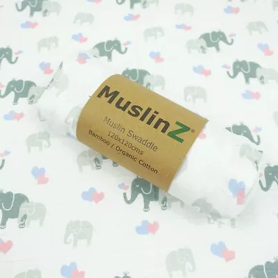 Muslinz Bamboo Organic Cotton Newborn Baby Swaddle Blanket Elephants - Brand New • £6