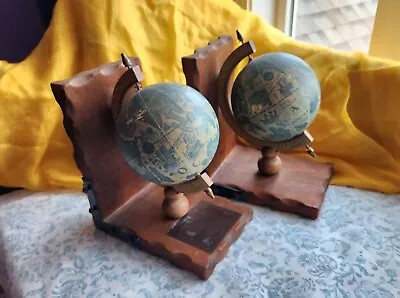 Vintage TILSO JAPAN Old World Globe Bookends Wooden Decor Eclectic MCM Style   • £20.88