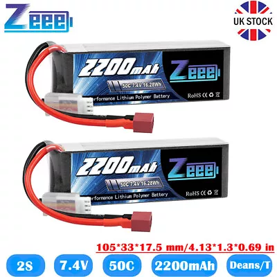 2X Zeee 7.4V 2S LiPo Battery Deans 2200mAh 50C For RC Car Boat Drone Helicopter • £32.99