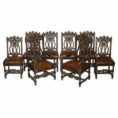 Eight Hand Carved Armorial Crest Coat Of Arms Antique Jacobean Dining Chairs • $14797.80