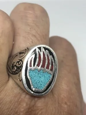 1980's Vintage Silver White Bronze Size 7 Bear Paw Turquoise Inlay Ring • $44