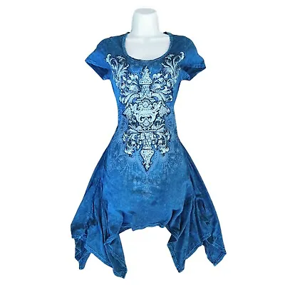 Y2k Asymmetrical VOCAL Dress - Baroque Print Acid Wash Trashy Bling Rhinestone • $18.75