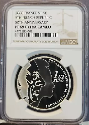 2008 France Silver 1.5 Euro 5th French Republic Anniv Ngc Pf 69 Ultra Cameo Top • $129.95