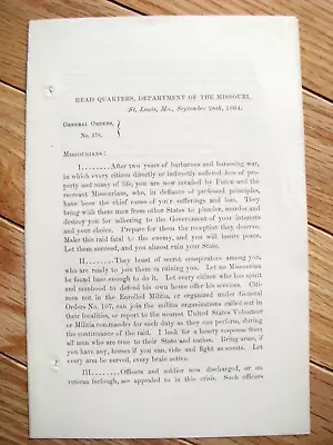 Civil War Missouri Sterling Price Invasion Union Call To Arms St Louis 1864 • $250