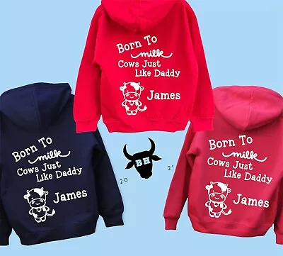 Kids Personalised 'Born To Milk Cows Like Daddy / Mummy' Farm Hoodie Jumper • £24.99