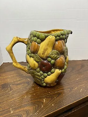 Vintage Hand Painted Majolica Pitcher Jug Vase SIGNED Pottery Fruit Emboss • $14.28