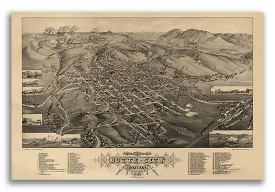 Bird's Eye View 1884 Butte City Montana Vintage Style City Map - 24x36 • $25.95