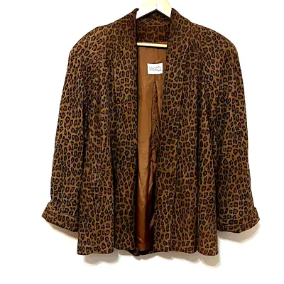 $50 • Buy Vintage VAKKO Womens Suede Leather Leopard Jacket Swing Coat Cheetah Open Front 