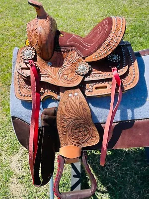 8  Leather Kids Western Horse Floral Tooled Saddle With Red Laces • $189.99