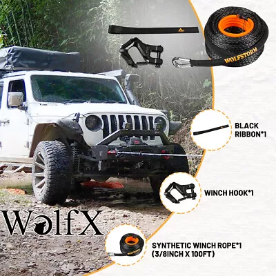 3/8 X100ft Synthetic Winch Rope Line Recovery Cable W/Winch Hook For ATV UTV SUV • $98.99