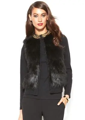 MICHAEL KORS Black & Gold Chain Detail Faux Fur Front Sweater Vest P M NWT $175 • $89