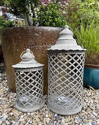 Set 2 Grey Moorish Rustic Antique Style Metal Ornate Lanterns Garden Indoor • £32.95