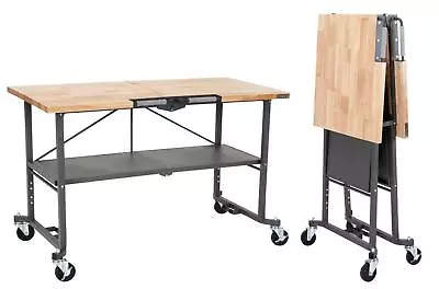 Portable Work Bench Folding Utility Steel Frame Solid Wood Table Top Workshop • $349.92