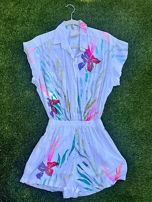 Play Alegre Hand Painted 100% Cotton Vintage 80’s Floral Romper Shorts Size Med • $24.24